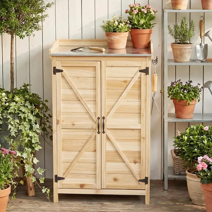 Aoxun Gartenschrank Holz, Pflanztisch mit Geräteschrank Schrank, Doppeltür, Seitenhaken und verstellbarem Regal, Gerätehaus, Gartenschuppen für Garten Terrasse, 64 x 40 x 95cm, Burlywood