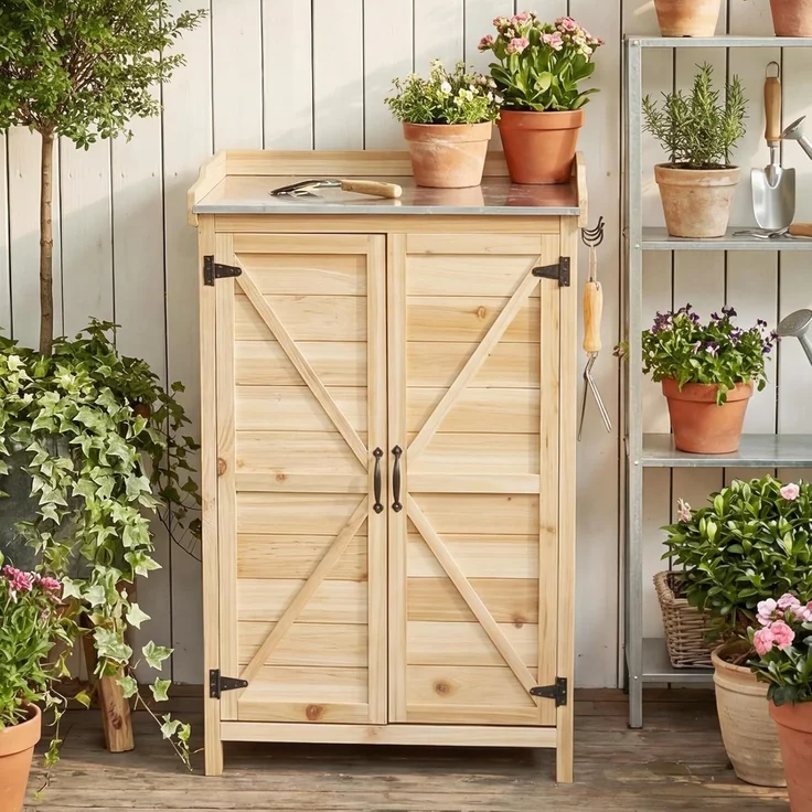 Aoxun Gartenschrank Holz, Pflanztisch mit Geräteschrank Schrank, Doppeltür, Seitenhaken und verstellbarem Regal, Gerätehaus, Gartenschuppen für Garten Terrasse, 64 x 40 x 95cm, Burlywood – Bild 1