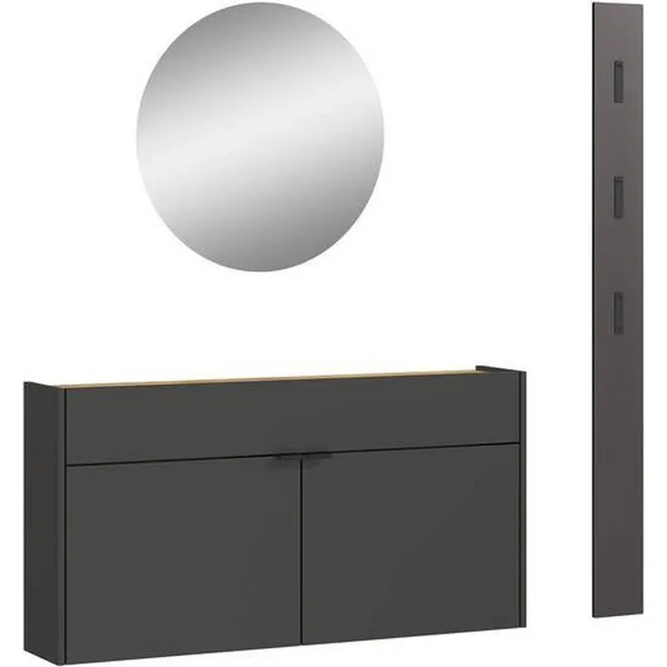 XXXL Garderobe GW-Ameca, 3-teilig in Graphit und Eiche mit Schuhschrank, Spiegel und Paneel, 140x200x22 cm, verstellbare Böden, pflegeleicht
