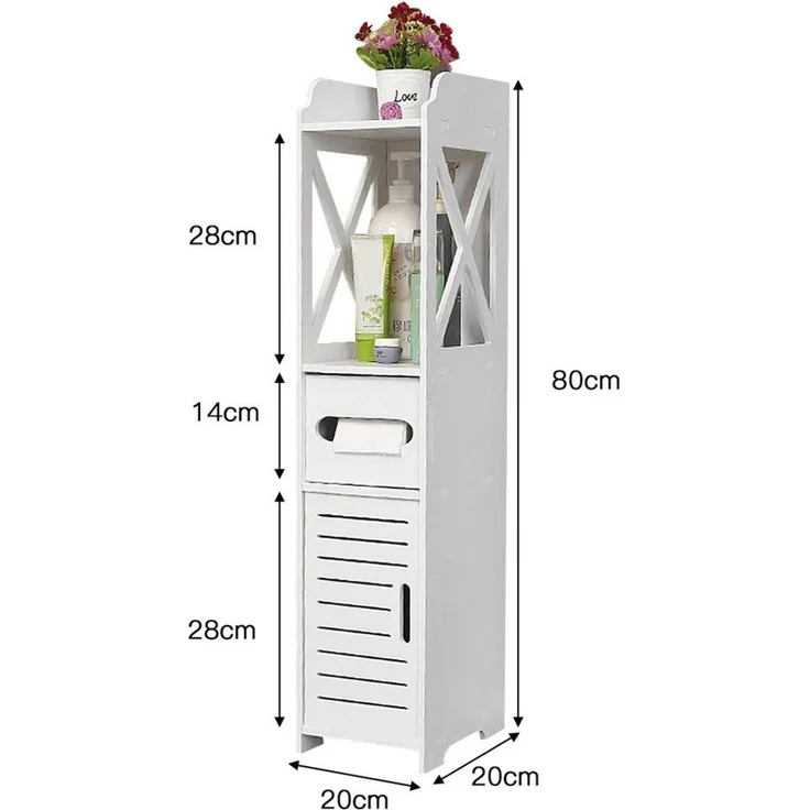 JEOBEST Badkommode Badezimmerschrank mit Toilettenpapierhalter, (1-St, Badregal), Schmal mit Tür, 20x20x80 cm – Bild 4