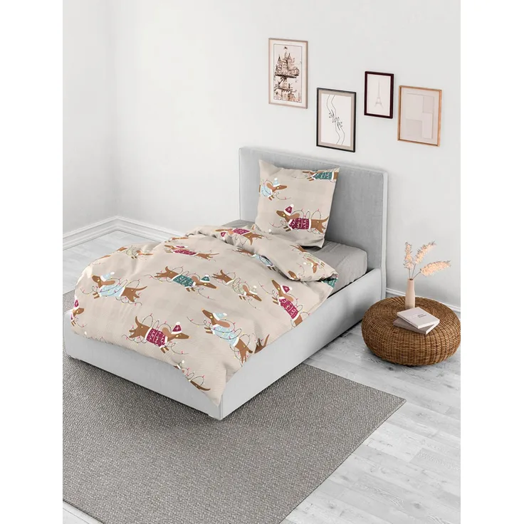 Dormabell Mako-Satin Bettwäsche 155x220 Dackel Hunde Mützen Karo beige kitt 4211-80