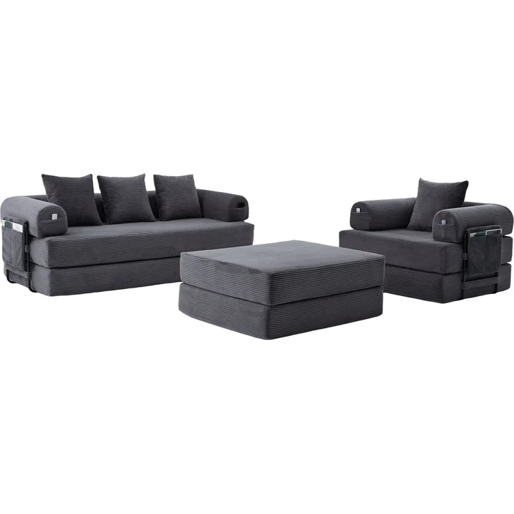 Modulares 4-Sitzer-Sofa 200x190x67 cm mit Sessel und Hocker – Cordbezug, Dunkelgrau – Bild 6