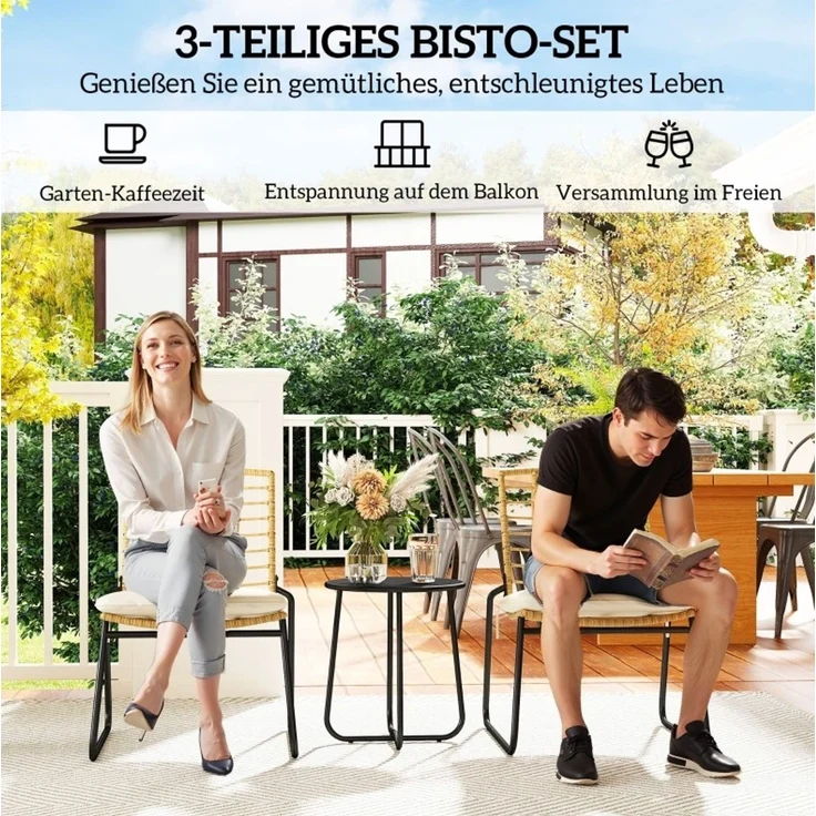 Stilvora Balkonmöbel-Set aus Rattan, 3-teilig mit stapelbaren Stühlen & Tisch, Beige, 56×67×78 – Bild 7