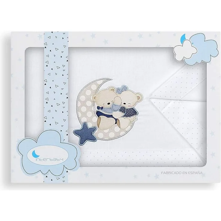 Bettlaken für Babybett, 50x80 cm, 100% Baumwolle (Spannbettlaken + Bettbezug + Kissenbezug) (Blauer Bär)