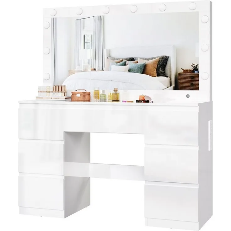 Furnicopia Schminktisch Großer verspiegelter Schminktisch mit sieben Schubladen (Abmessungen: 120 × 40 × 140 cm, 2 Steckdosen, 1 USB-Anschluss, 1 Typ-C-Anschluss. Spiegeldurchmesser: 106 cm. Inklusive Schmuckschrank mit speziellen Fächern für Halskette...