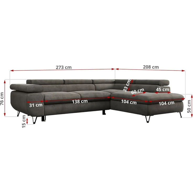 Mks Möbel 'Peter L-form' Ecksofa mit Bettfunktion, Bettkasten & einstellbaren Kopfstützen, Dunkelgrau, Velours, mit Topper, rechts – Bild 7