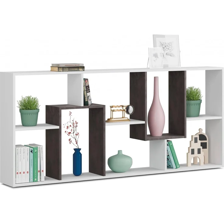Dmora - Bücherregal Fremont, Multipositions-Bücherregal mit 8 Fächern, Büroregal, Regal als Raumteiler, cm 80x25h180, Weiß und Oxid – Bild 7