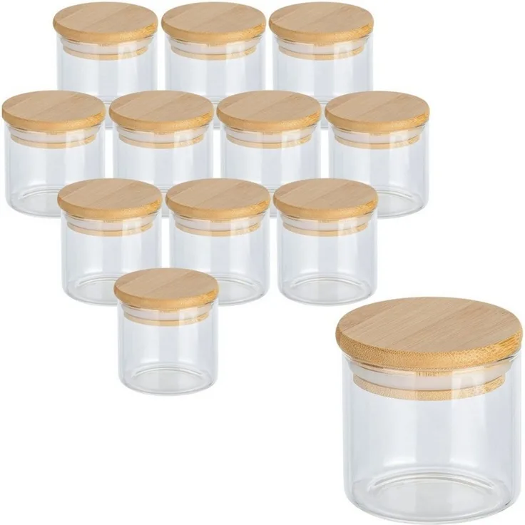 gouveo Vorratsglas aus Borosilikatglas rund mit Bambus-Deckel - Aufbewahrungsgläser, (12-tlg, 50 ml)