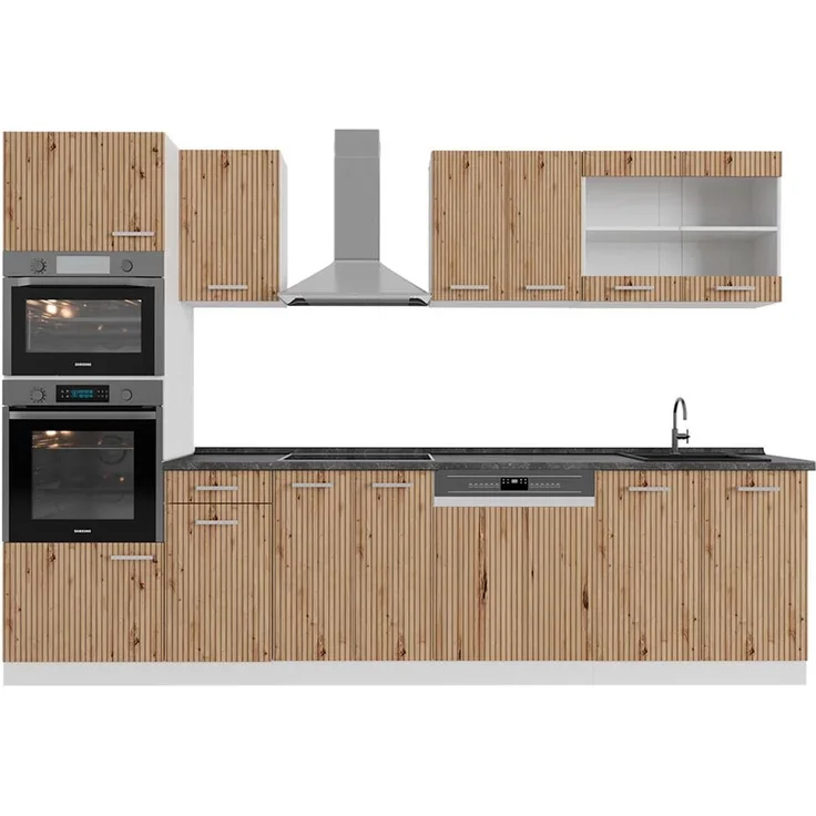 Küchenzeile R-Line Artisan Eiche/Weiß 300 cm mit Hochschrank, AP Anthrazit Vicco