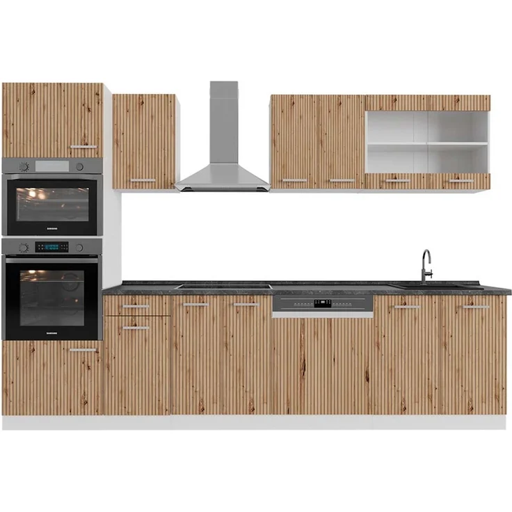 Küchenzeile R-Line Artisan Eiche/Weiß 300 cm mit Hochschrank, AP Anthrazit Vicco – Bild 1