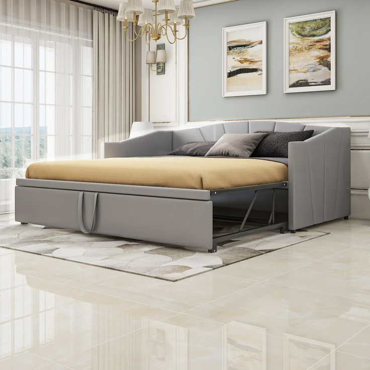 Polsterbett, Ausziehbares Schlafsofa 90/180 × 200 cm mit Lattenrosten, Multifunktionsbett aus hautfreundlichem Samtstoff, Samtstoff, Grau, 90/180 × 200 cm – Bild 5