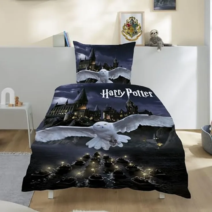 Harry Potter Wende Bettwäsche Set 135x200 + 80x80 cm EULE Biber mit Reißverschluss