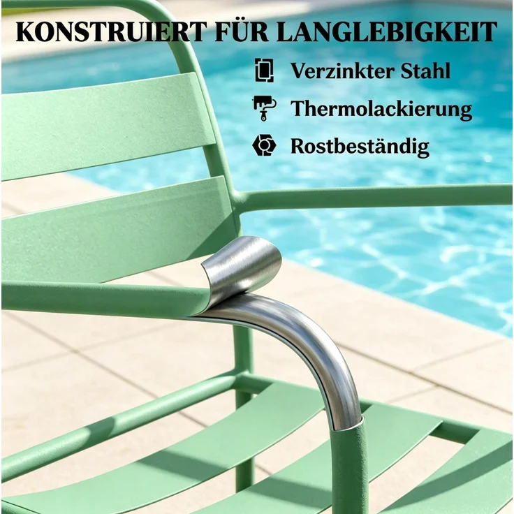 Garten-Bistro-Set mit Tisch 50x50x50 cm und 2 Armlehnenstühlen – Grün, Glasplatte – Bild 7