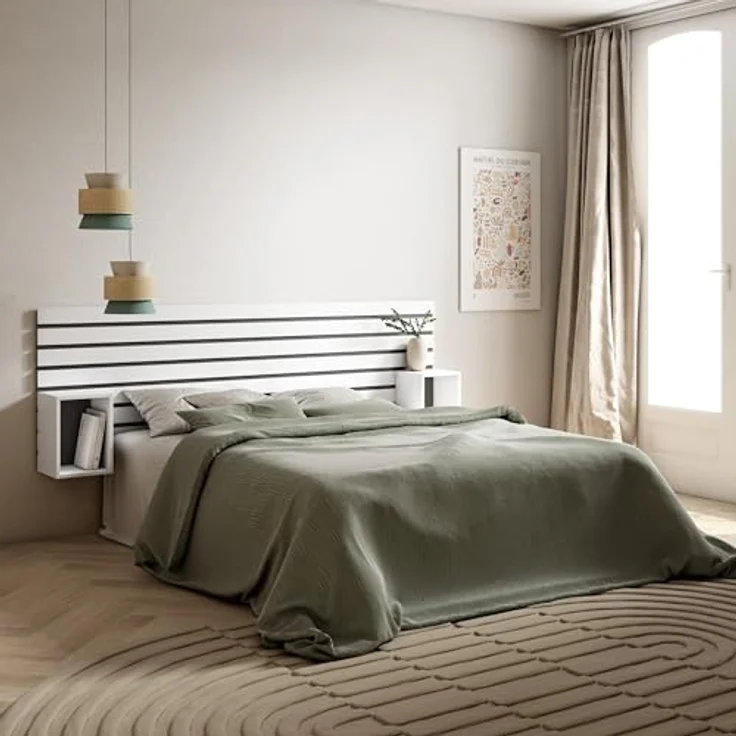 Skraut Home | Kopfteil, Nachttischen | Lamellenwand Holz | 214 x 70 x 3 cm | 135,140,150,160 cm Bett | Stauraum | Moderner Stil | Weiß – Bild 3