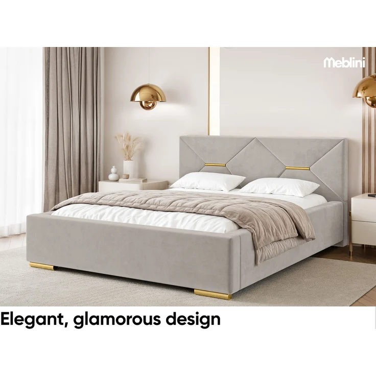 MEBLINI Polsterbett 140x200 mit Lattenrost mit Matratze – LIZZY – Taupe Samt – Doppelbett mit Bettkasten - Stauraumbett - Kopfteil Bett mit Stauraum – Bild 3