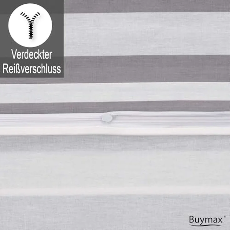 Buymax Bettwäsche Aspara Bettbezug Set 100% Baumwolle, Renforcé, 2 teilig, mit Reißverschluss, modern gestreift, Grau Weiß, 135x200 cm – Bild 5