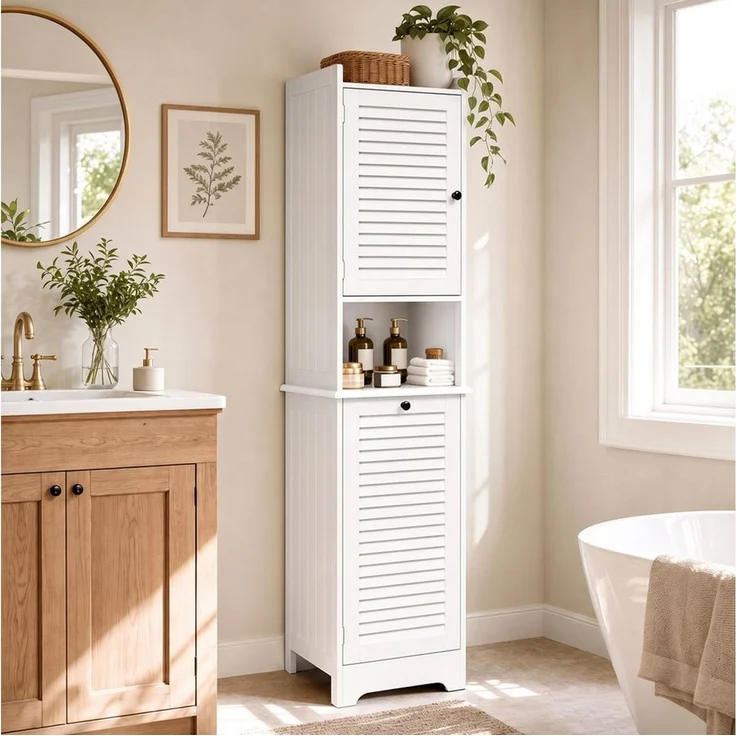 Blishom Hochschrank 2-türiger Hochschrank mit Wäschesammler und Lamellentüren Badezimmerschrank, verstellbarer Einlegeboden, Magnetverschluss – Bild 3
