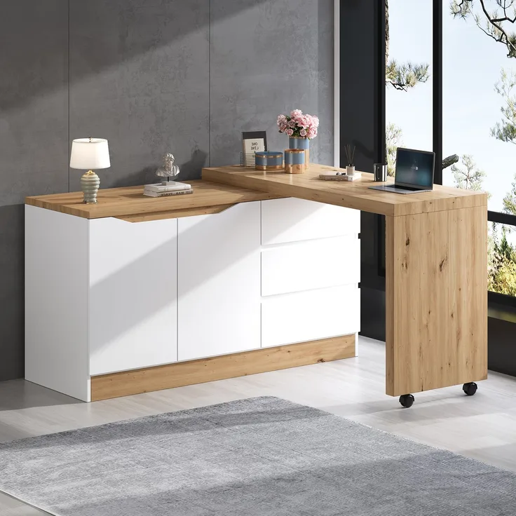 ZUBALIYA Schreibtisch mit feststellbaren Rollen – multifunktionales Design, 4 cm dickere, drehbare Tischplatte, fest arretierbar, weiß/Eiche, Faltbarer Schreibtisch, Eckschreibtisch, Sideboard,Dicke Materialie – Modell N880P4642134O