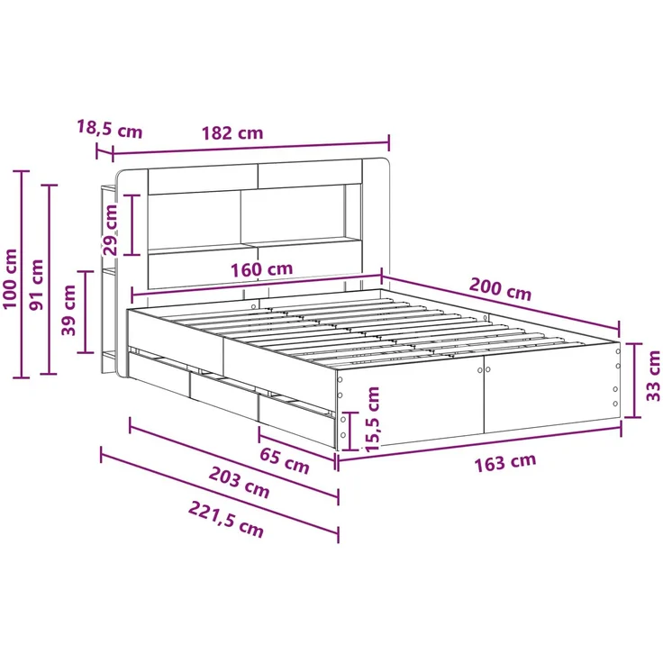 vidaXL Bettgestell mit Stauraum und Kopfteil Sonoma-Grau 160 x 200 cm 3434060 – Bild 11