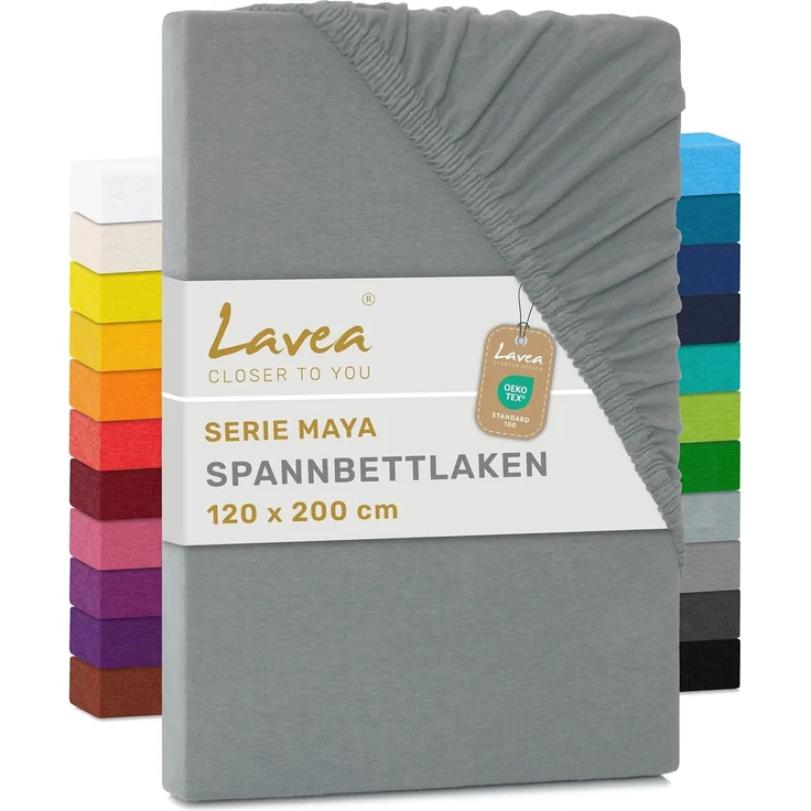 Jersey Spannbettlaken, Spannbetttuch, Lavea Serie Maya, 120x200 cm, Mittelgrau, 100% Baumwolle, hochwertige Verarbeitung, mit Gummizug