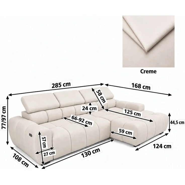 Ecksofa Schlafsofa VELUNIO RELAX in Stoff Salvador Creme Ottomane Links – Bild 6