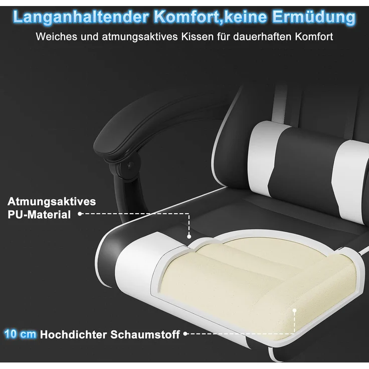 Devoko Gaming Stuhl mit Massagefunktion, Bürostuhl Ergonomisch mit Verstellbarer Ruckenlehne (90-135), Schreibtischstuhl mit Bewegliche Armlehne, max 150kg, Schwarz Weiß – Bild 4