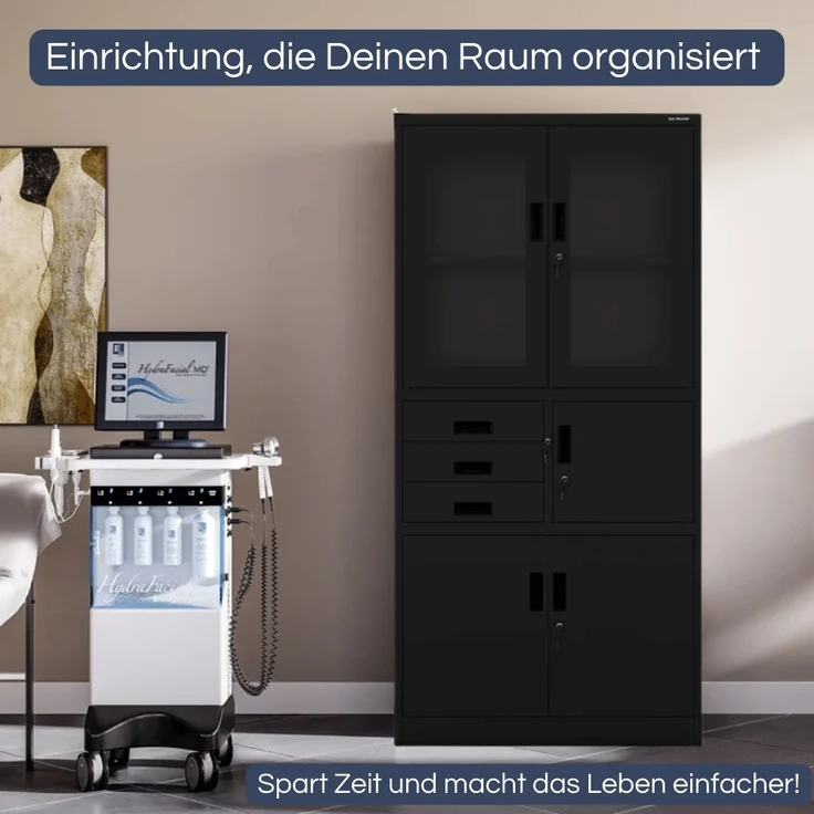 Vitrinenschrank abschließbar GEDO - mit Tresor & Schubladen| Büroschrank aus Stahl Aktenschrank mit Glasfenster Metallschrank Mehrzweckschrank, 185x90x40cm Schwarz – Bild 3