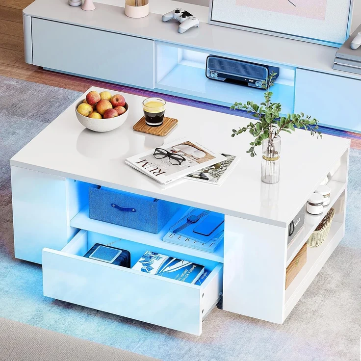 YITAHOME Couchtisch Weiß, Wohnzimmertisch Hochglanz mit 16-Farbiger LED Beleuchtung Modern, Beistelltisch Weiss mit Offenem Ausstellungsregal und 2 Ausziehbaren Schubladen, 95 x 55 x 37 cm