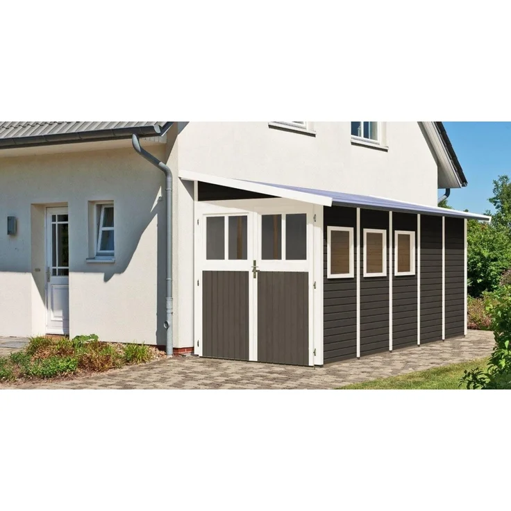Anlehnhaus Wandlitz 5 - 181x442 cm, 19 mm Holz terragrau, Karibu – Bild 1