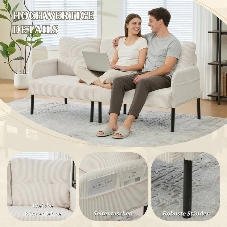 EINHOM Cord-Dreisitzer mit weicher Komfortpolsterung, hoher Rückenlehne und praktischen Seitentaschen. Stabile Metallfüße und robuste Konstruktion. Vielseitig für Wohnzimmer, Schlafzimmer oder Homeoffice – Bild 6