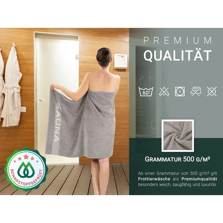 ZOLLNER Saunatuch 100% Baumwolle, 80x200 cm, grau mit Schrift "SAUNA" – Bild 4
