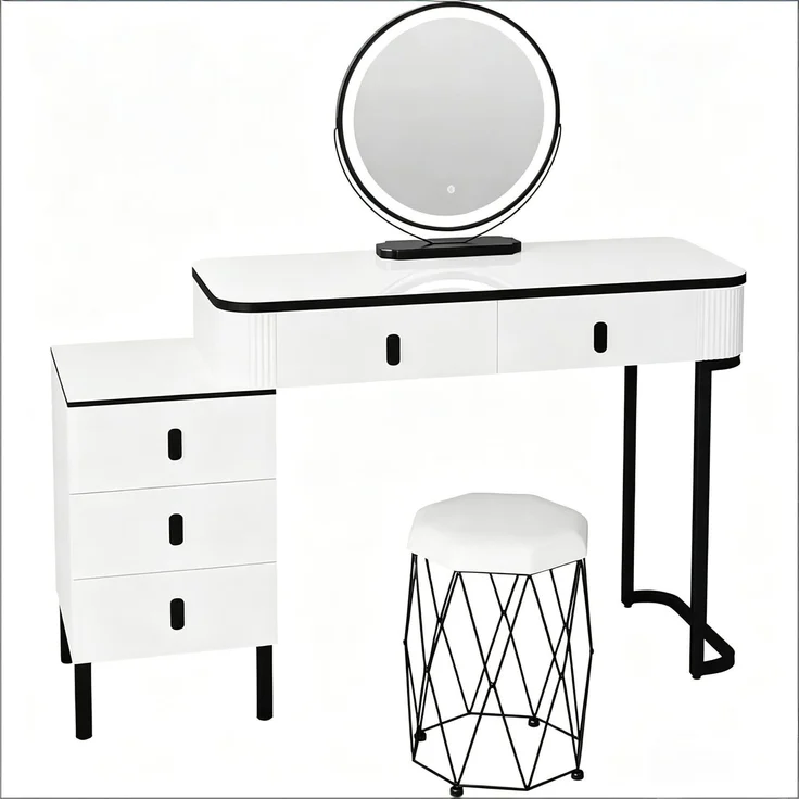 Schminktisch mit LED-Spiegel und Hocker, B 125 x T 40 x H 100 cm, Weiß/Schwarz – Bild 5