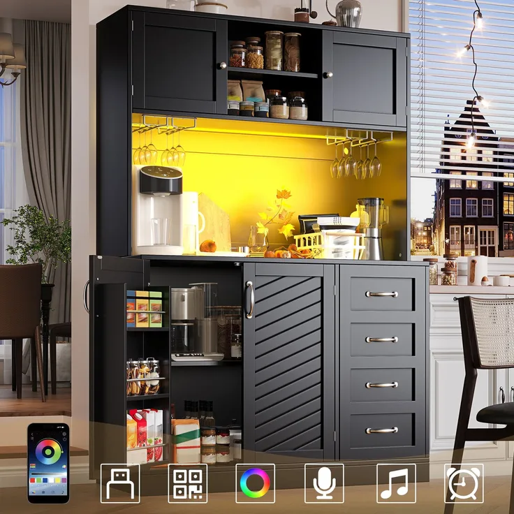 EINHOM Seitenboard / Aufbewahrungsschrank / Küchenschrank / Buffetschrank, 120 x 40 x 188 cm, mit LED-Beleuchtung, Snackregal & Getränkehaltern, 4 Türen & 2 große Schubladen, Grün/Schwarz/Weiß, Schwarz