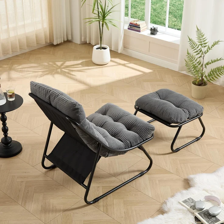 LVHOM Sessel mit Hocker, Gepolsterter Loungesessel aus Cord mit Metallgestell, ergonomischer Relaxsessel für Wohnzimmer und Schlafzimmer, Grau – Bild 7