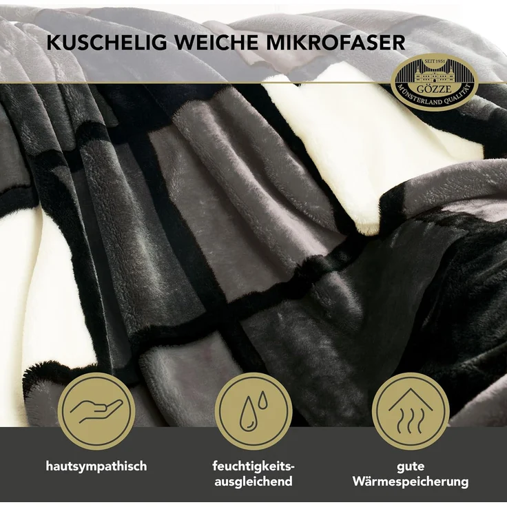 Gözze - Weiche Kuscheldecke, Cashmere Feeling, Hohes Stoffgewicht 500 g/m², Antigua, 150x200 cm - Anthrazit/Schwarz/Weiß – Bild 4