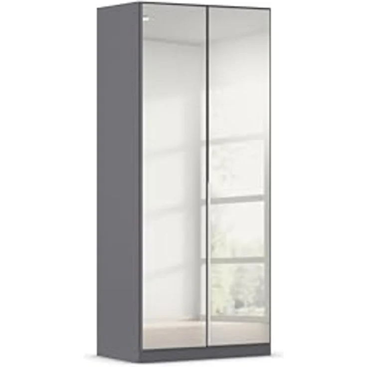 Rauch Möbel Alabama, Kleiderschrank für Schlafzimmer, Kinderzimmer, Wohnzimmer, Garderobe, Flur, 2-türig, Spiegel, mit Zubehör Premium, Farbe Grau metallic, Schwarz, Breite 91 cm – Bild 1