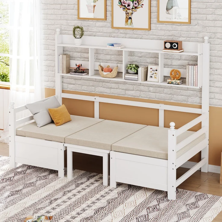 Merax Daybett Multifunktionales Massivholz Schlafsofa 200x90 cm, 2-in-1 Bett und Schreibtisch, Frei Umbaubar, Mit Bücherregal Zur Aufbewahrung, Mit Bequemen Kissen, Gästebett Einzelholzbett, Weiß – Bild 1