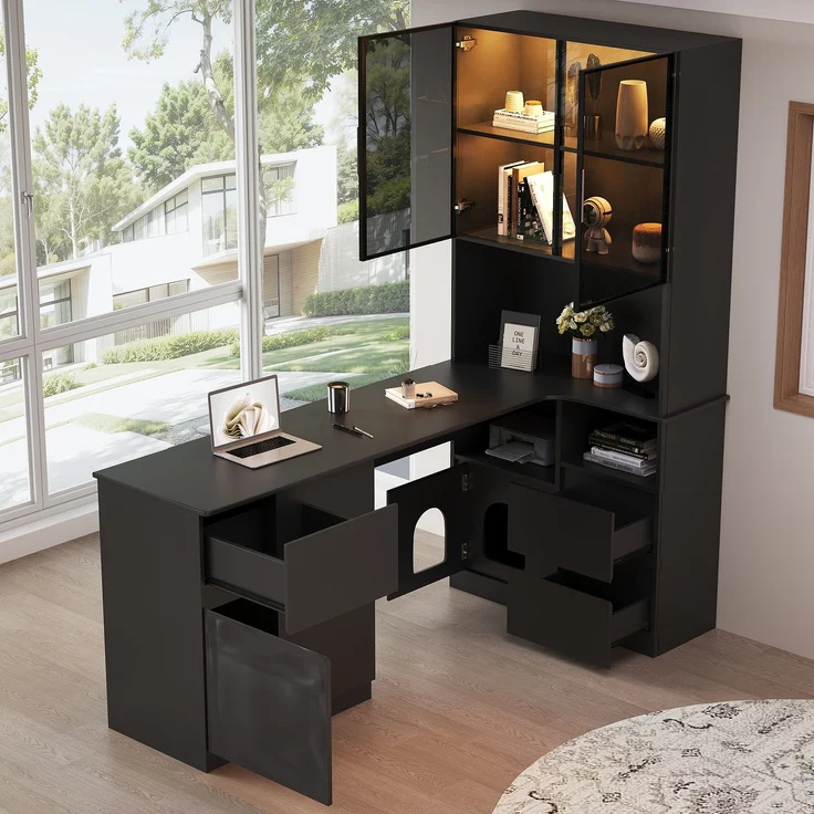 Flieks Eckschreibtisch mit LED-Vitrine & Regal 120×80×180 cm, Computertisch mit 3 Schubladen, 2 Türen, Haustierfach, Rechte Ecke, Schwarz – Bild 3