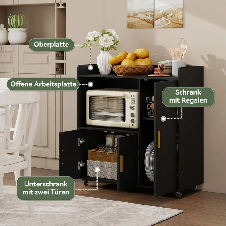 Puluomis Küchenwagen Servierwagen Buffet mit Mikrowellenablage, Rollen mit Bremsen 90x40x97, Küchentrolley Küchekommode Küchenschrank Sideboard – Bild 4