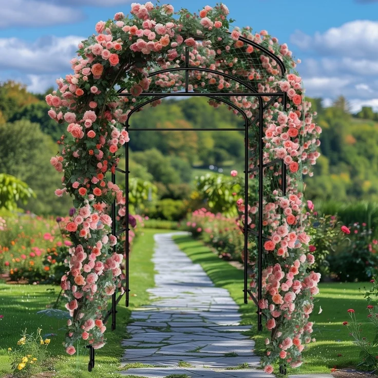 UNHO Gurke Rankhilfe Metall Rankgitter Gitternetz Kletterpflanzen für Blumen Gemüse Rosenbogen Kletterhilfe Rosenspalier Torbogen 120x182x222 cm rostfrei Gebogen Schwarz – Bild 5