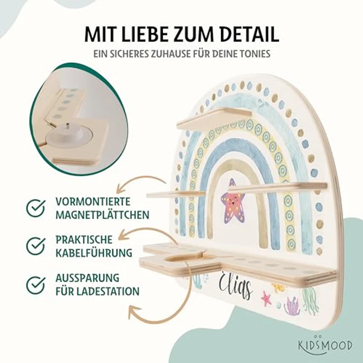 KIDSMOOD - Personalisiertes Tonie Regal für Kinderzimmer | Regenbogen Wand-Regal mit genügend Platz für Tonie-Hör-Figuren, Aussparung für Tonie-Musikbox & Kabelmanagement, Tonie Regal Mädchen & Jungen – Bild 4