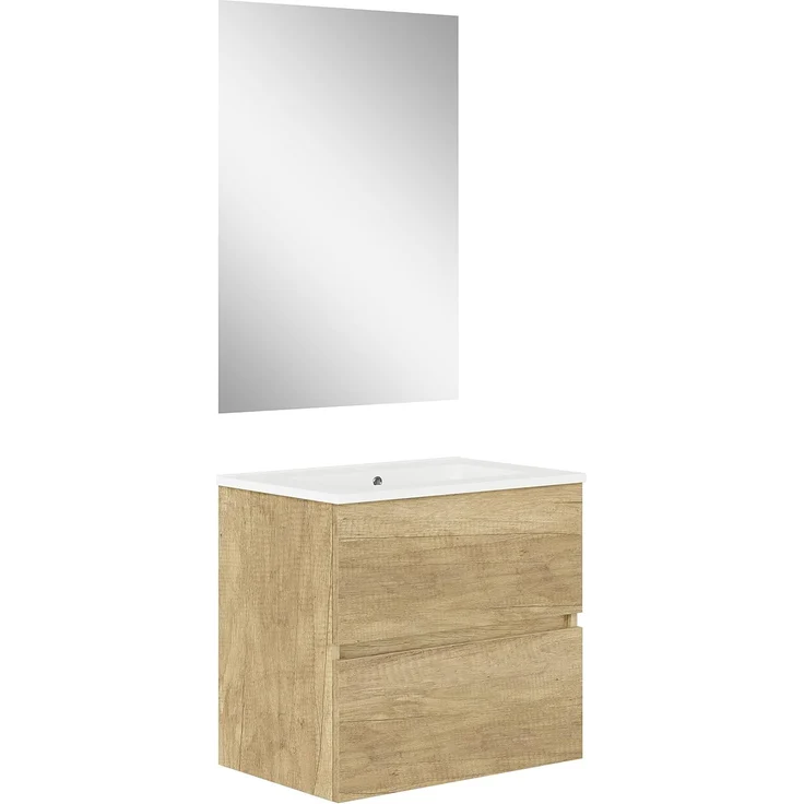 Baikal, Badezimmer-Set Natura, Badezimmermöbel mit reduziertem Boden, mit Keramikwaschbecken, Aufteilung mit Zwei Schubladen, montierter Möbel, Zwei Schubladen mit Spiegel, Tiefe 39 cm, 60 cm, Nature