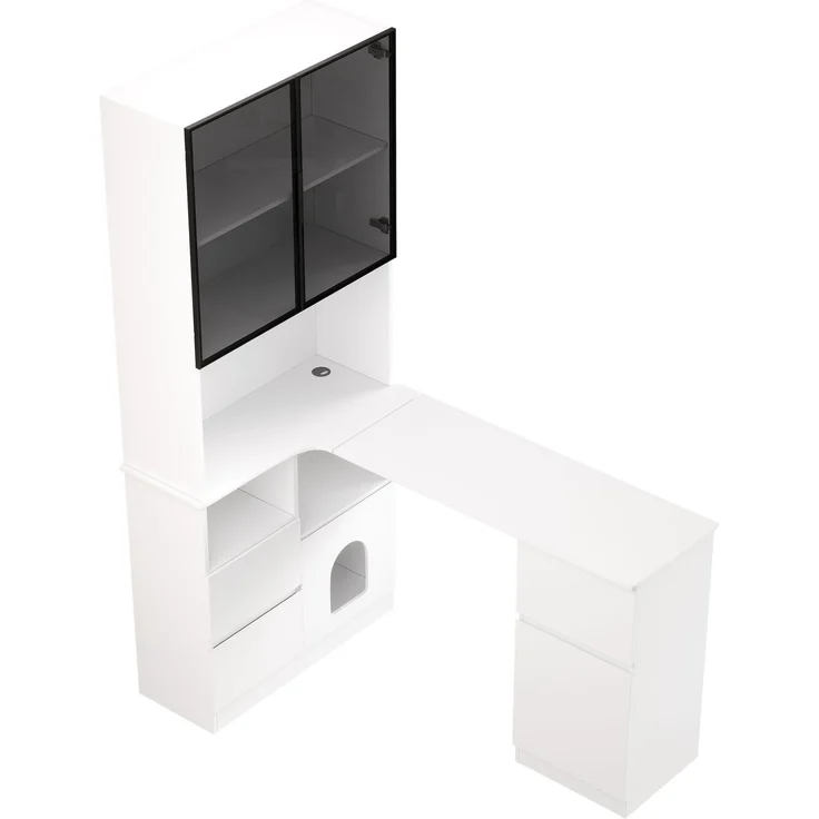 Eckschreibtisch mit Regal und LED-Vitrinenschrank 120×80×180 cm – Schreibtisch mit Kabeldurchlass, 3 Schubladen, 2 Türen, offenen Fächern & Haustierfach,Ein Eckschreibtisch mit eingebautem Bücherregal – Bild 5