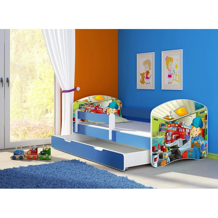 ACMA Kinderbett Jugendbett mit Einer Schublade und Matratze Blau mit Rausfallschutz Lattenrost II 140x70 160x80 180x80 (45 Mechaniker, 180x80 + Bettkasten) – Bild 2