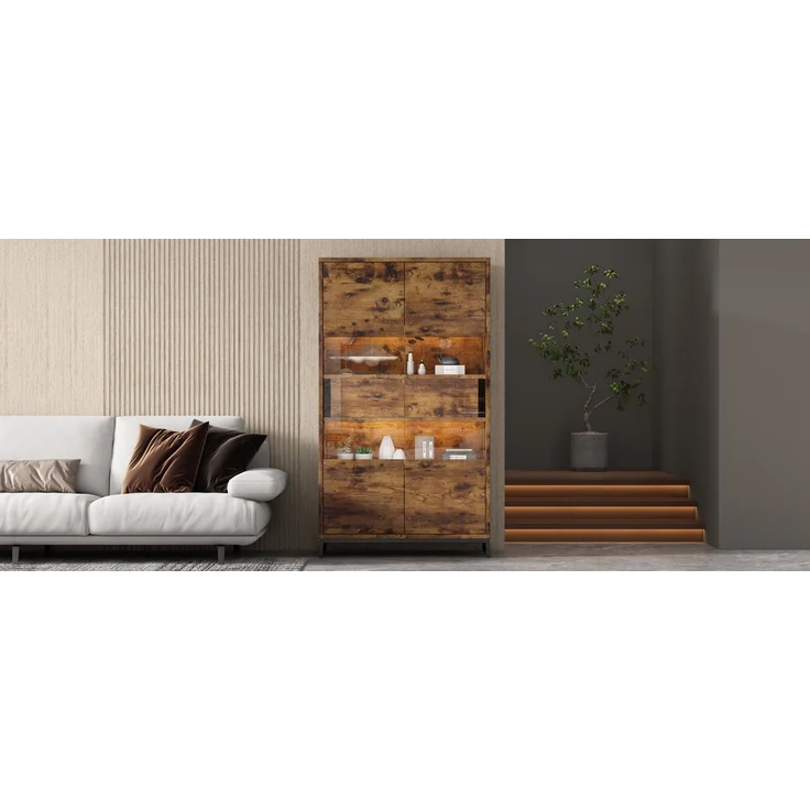 ZUBALIYA Vitrine (80 x 40 x 138 cm), 2 Türen und 2 Schubladen, LED - Beleuchtung, Transparente Elemente, Beige / Naturfarben / Schwarz – Bild 25