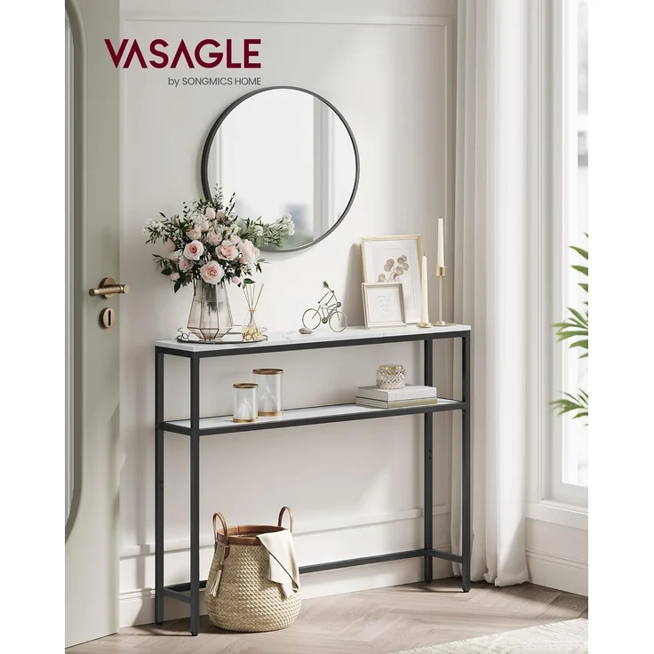 VASAGLE Konsolentisch, schmaler Sofatisch mit 2 Ablagen, 20 x 100 x 80 cm, Flurtisch, 2 Ebenen, für Flur, Wohnzimmer, Schlafzimmer, marmorweiß-tintenschwarz LNT131W59 – Bild 2