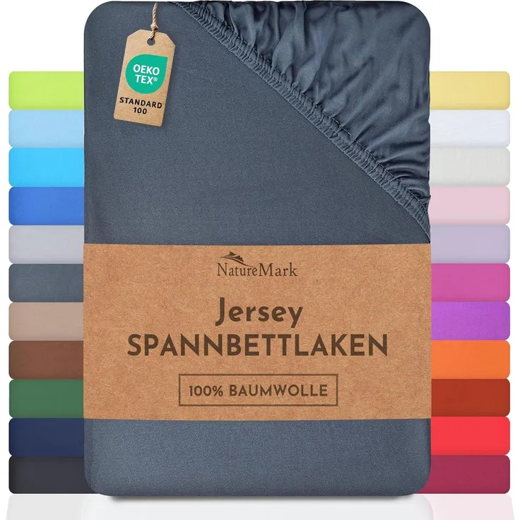 NatureMark Jersey Spannbettlaken, Spannbetttuch 100% Baumwolle in vielen Größen und Farben MARKENQUALITÄT ÖKOTEX Standard 100 | 180x200 cm - 200x200 cm - anthrazit grau