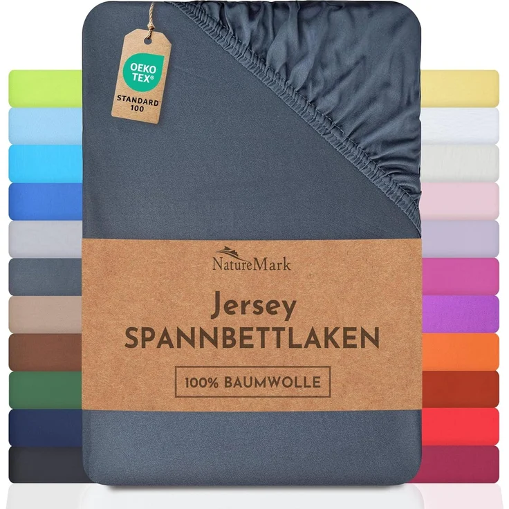 NatureMark Jersey Spannbettlaken, Spannbetttuch 100% Baumwolle in vielen Größen und Farben MARKENQUALITÄT ÖKOTEX Standard 100 | 180x200 cm - 200x200 cm - anthrazit grau