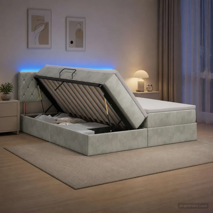 vidaXL LED-Speicherbett mit Matratze Hellgrau 200 x 200 cm Samt 3459378 – Bild 5