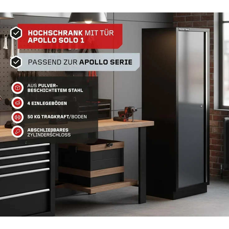 FEISTOS Werkstatteinrichtung | Flügeltür Hochschrank Apollo Solo 1 | Grau/Schwarz | 46x60x200 cm – Bild 3